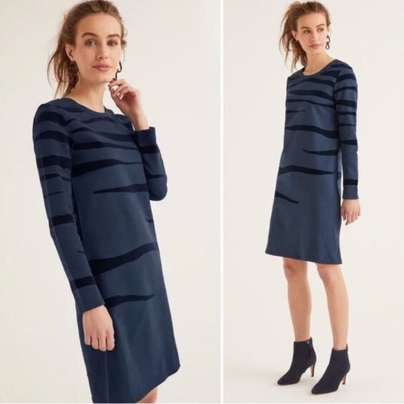Boden Navy Blue Velvet Tiger Stripe Long Sleeve Sweatshirt Dress Size 8 - Picture 1 of 11